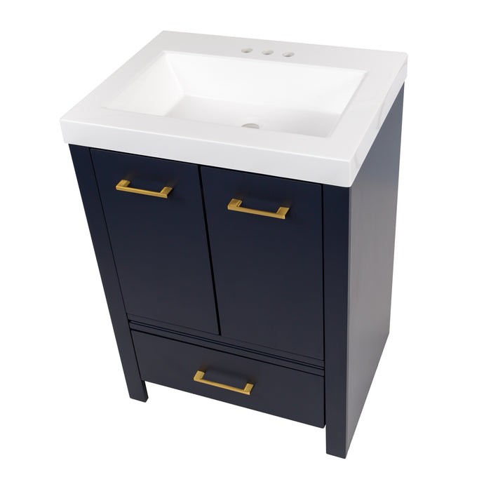 Top view of Hali 24.5 small blue bathroom vanity with 2-door cabinet, 1 drawer, brushed gold hardware, white sink top