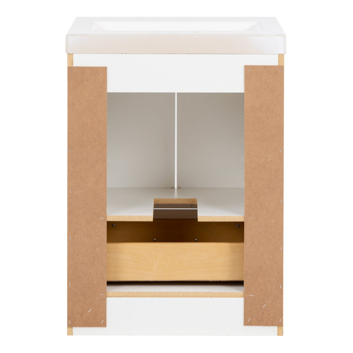 Open back on Hali 24.5 small white bathroom vanity with 2-door cabinet, 1 drawer, brushed gold hardware, white sink top