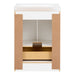 Open back on Hali 24.5 small white bathroom vanity with 2-door cabinet, 1 drawer, brushed gold hardware, white sink top