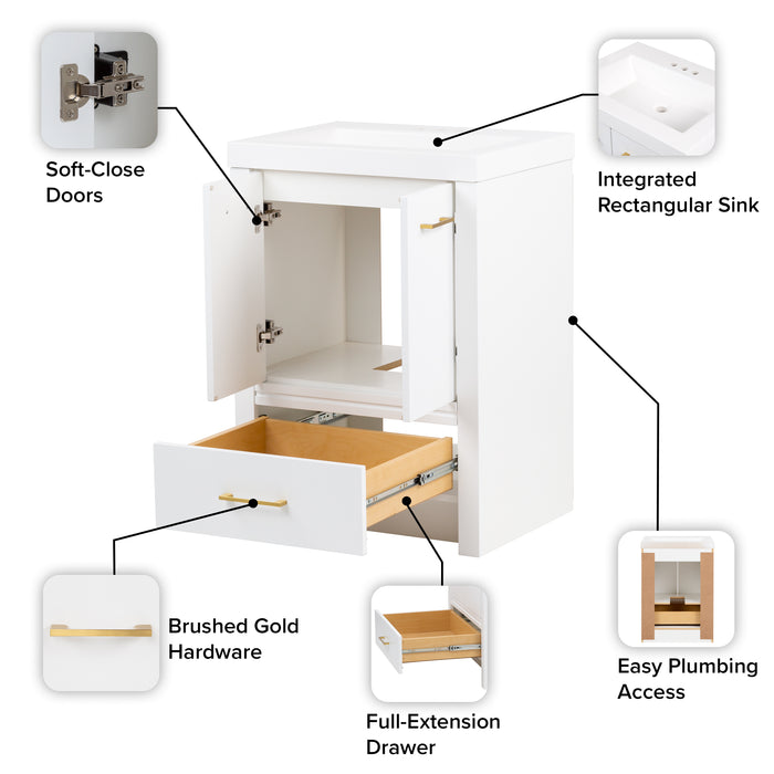 Features of Hali 24.5 small white bathroom vanity with 2-door cabinet, 1 drawer, brushed gold hardware, white sink top
