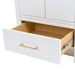 Open base drawer on Hali 24.5 small white bathroom vanity with 2-door cabinet, 1 drawer, brushed gold hardware, white sink top