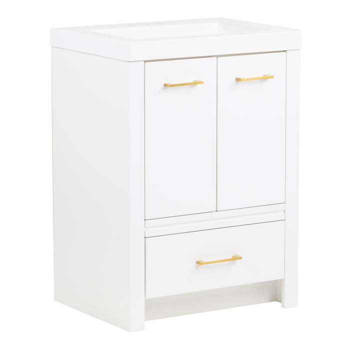 Side view of Hali 24.5 small white bathroom vanity with 2-door cabinet, 1 drawer, brushed gold hardware, white sink top