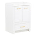 Side view of Hali 24.5 small white bathroom vanity with 2-door cabinet, 1 drawer, brushed gold hardware, white sink top