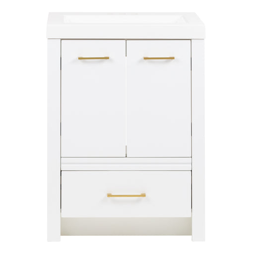 Hali 24.5 small white bathroom vanity with 2-door cabinet, 1 drawer, brushed gold hardware, white sink top