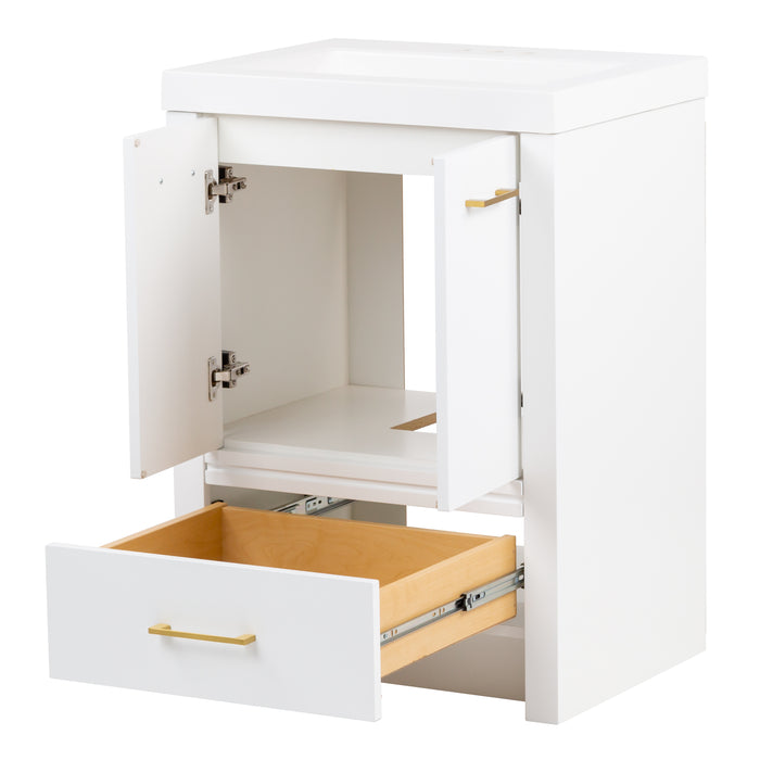 Open doors and drawer on Hali 24.5 small white bathroom vanity with 2-door cabinet, 1 drawer, brushed gold hardware, white sink top