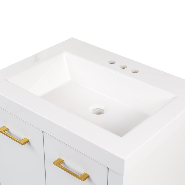 Predrilled sink top on Hali 24.5 small white bathroom vanity with 2-door cabinet, 1 drawer, brushed gold hardware, white sink top