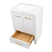 Top view with base drawer open on Hali 24.5 small white bathroom vanity with 2-door cabinet, 1 drawer, brushed gold hardware, white sink top