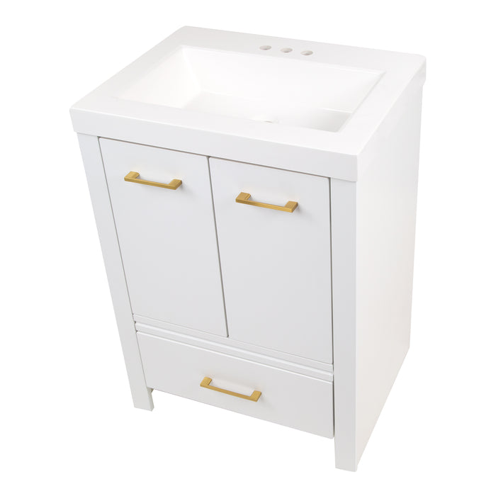 Top view of Hali 24.5 small white bathroom vanity with 2-door cabinet, 1 drawer, brushed gold hardware, white sink top