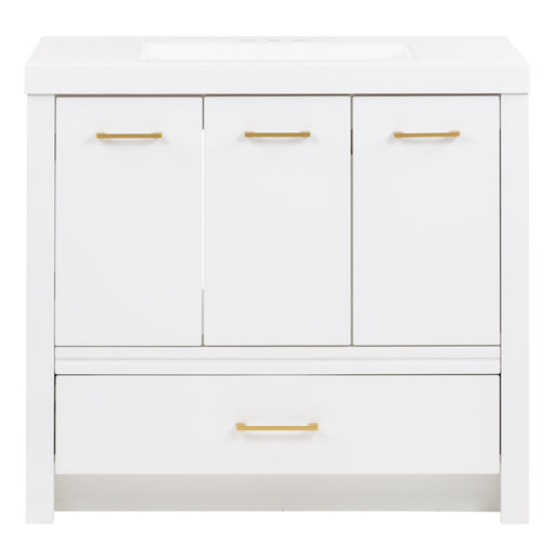 Hali 36.5 white bathroom vanity with 3 doors, 2 drawers, brushed gold hardware, white sink top
