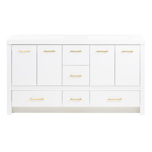 Hali 60.5 white double bathroom vanity with 2 cabinets, 5 drawers, brushed gold hardware, white sink top