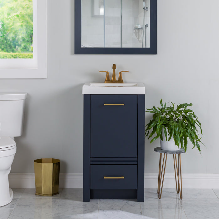 Hali 18.5 small blue bathroom vanity with 1-door cabinet, 1 drawer, brushed gold hardware, white sink top installed in bathroom with fauet and mirror