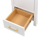 Open base drawer on Hali 18.5 small white bathroom vanity with 1-door cabinet, 1 drawer, brushed gold hardware, white sink top