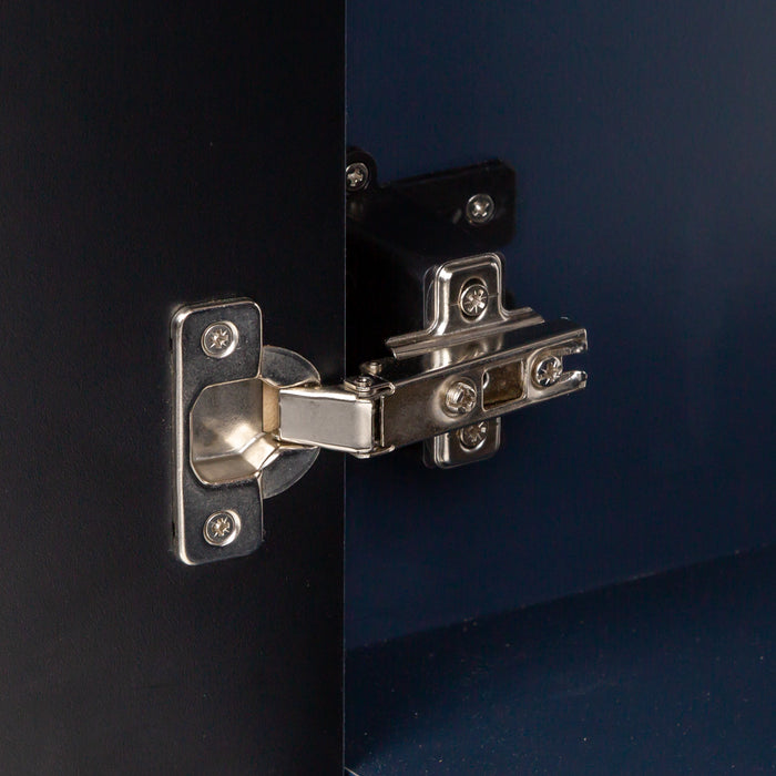 Adjustable hinge on Hali 18.5 small blue bathroom vanity with 1-door cabinet, 1 drawer, brushed gold hardware, white sink top