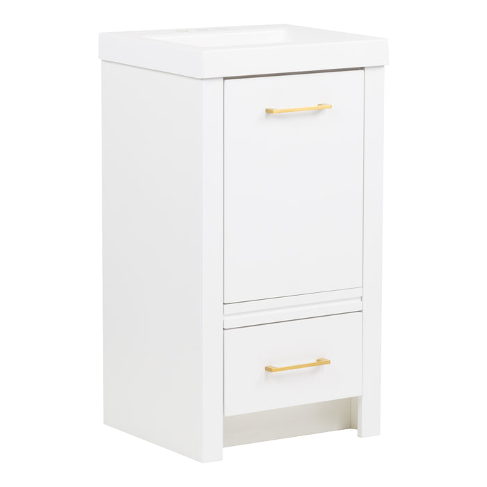 Angled view of Hali 18.5 small white bathroom vanity with 1-door cabinet, 1 drawer, brushed gold hardware, white sink top