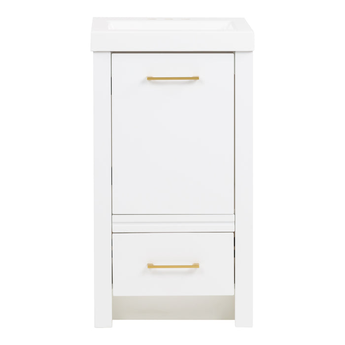 Hali 18.5 small white bathroom vanity with 1-door cabinet, 1 drawer, brushed gold hardware, white sink top