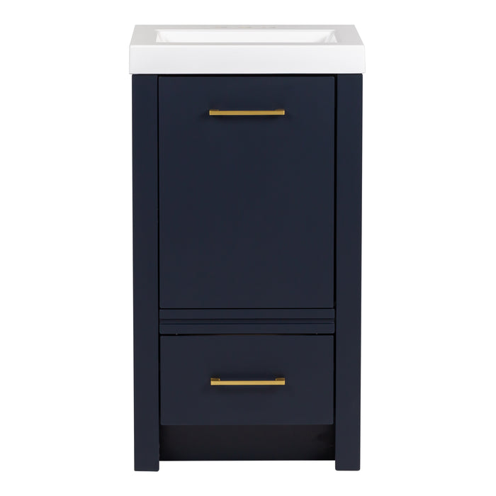 Hali 18.5 small blue bathroom vanity with 1-door cabinet, 1 drawer, brushed gold hardware, white sink top