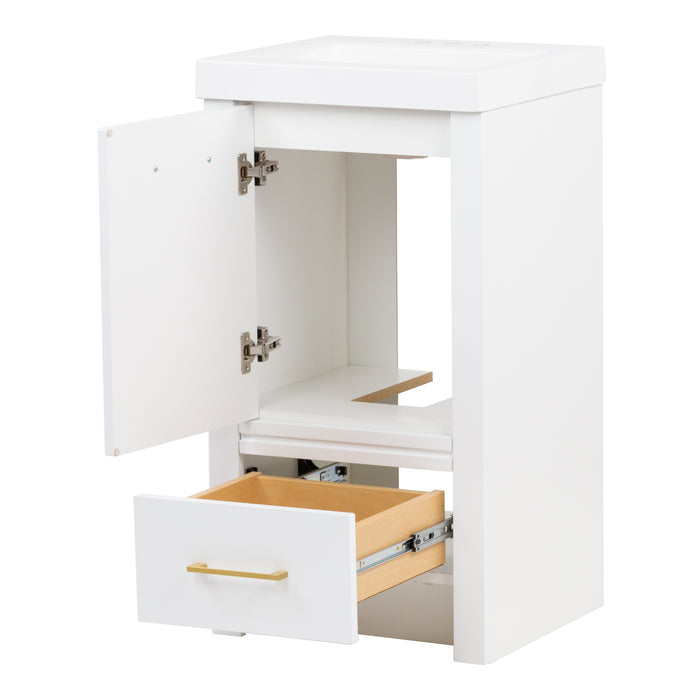 Open door and drawer on Hali 18.5 small white bathroom vanity with 1-door cabinet, 1 drawer, brushed gold hardware, white sink top