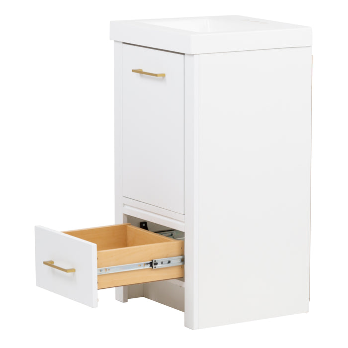 Open drawer on Hali 18.5 small white bathroom vanity with 1-door cabinet, 1 drawer, brushed gold hardware, white sink top