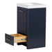 Open drawer on Hali 18.5 small blue bathroom vanity with 1-door cabinet, 1 drawer, brushed gold hardware, white sink top