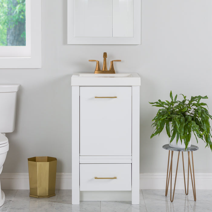 Hali 18.5 small white bathroom vanity with 1-door cabinet, 1 drawer, brushed gold hardware, white sink top installed in bathroom