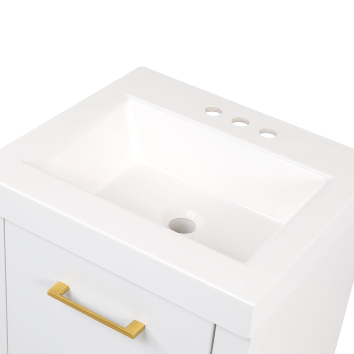 Predrilled sink top on Hali 18.5 small white bathroom vanity with 1-door cabinet, 1 drawer, brushed gold hardware, white sink top