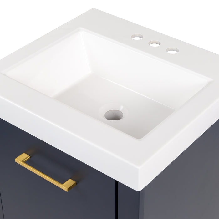 Predrilled sink top on Hali 18.5 small blue bathroom vanity with 1-door cabinet, 1 drawer, brushed gold hardware, white sink top