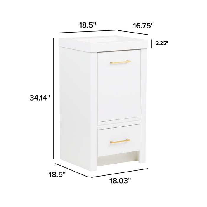 Measurements of Hali 18.5 small white bathroom vanity with 1-door cabinet, 1 drawer, brushed gold hardware, white sink top