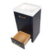 Drawer open on Hali 18.5 small blue bathroom vanity with 1-door cabinet, 1 drawer, brushed gold hardware, white sink top
