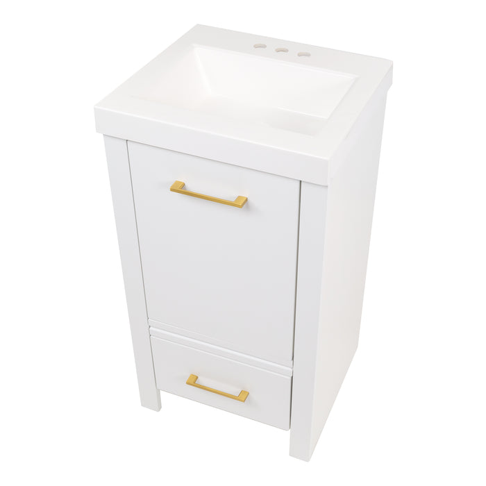 Top view of Hali 18.5 small white bathroom vanity with 1-door cabinet, 1 drawer, brushed gold hardware, white sink top