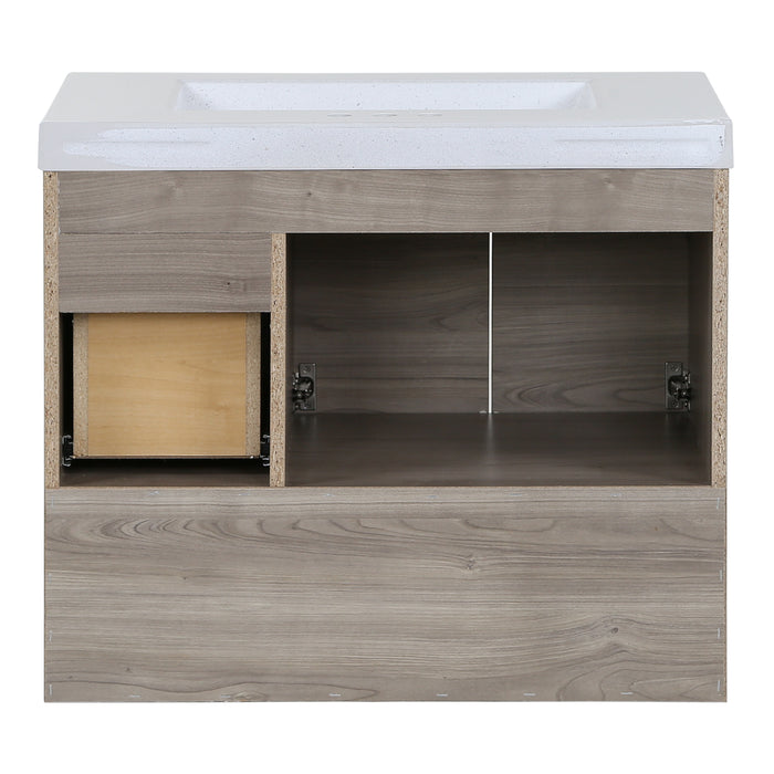 Open back on Inna 30.5-in floating woodgrain finish bathroom vanity with sink top, drawer, 2-door cabinet, open shelf