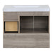 Open back on Inna 30.5-in floating woodgrain finish bathroom vanity with sink top, drawer, 2-door cabinet, open shelf