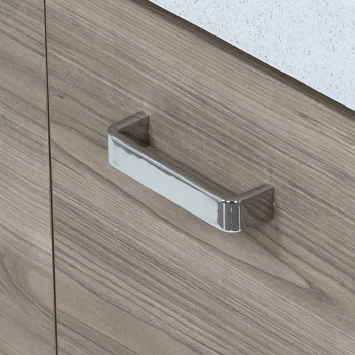 Polished chrome hardware on Inna 30.5-in floating woodgrain finish bathroom vanity with sink top, drawer, 2-door cabinet, open shelf