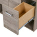 Open drawer of Inna 30.5-in floating woodgrain finish bathroom vanity with sink top, drawer, 2-door cabinet, open shelf