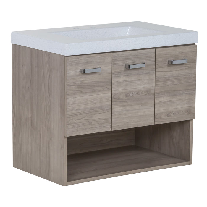 Side view of Inna 30.5-in floating woodgrain finish bathroom vanity with sink top, drawer, 2-door cabinet, open shelf