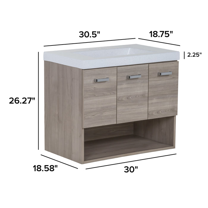 Measurements of Inna 30.5-in floating woodgrain finish bathroom vanity with sink top, drawer, 2-door cabinet, open shelf: 30.5-in W x 18.75-in D x 26.27-in H