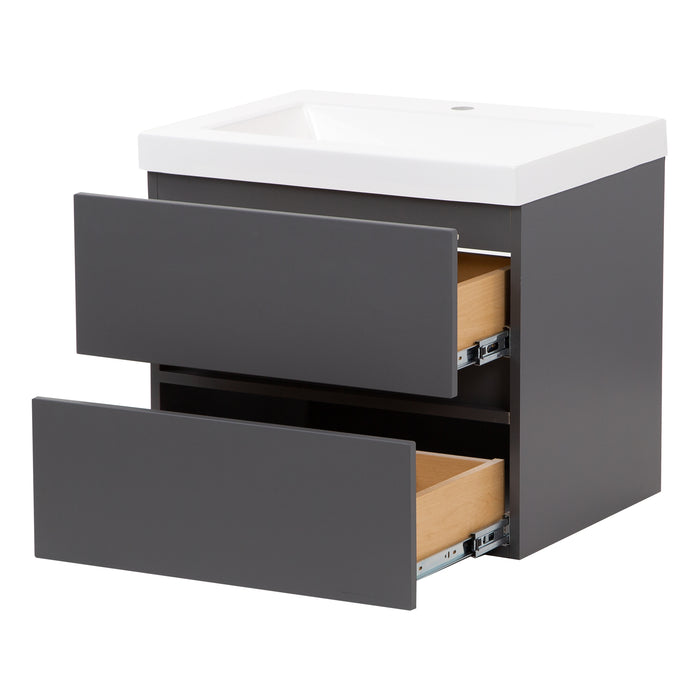 Both drawers open Innes 24.5" W gray floating bathroom vanity with 2 open drawers, white sink top