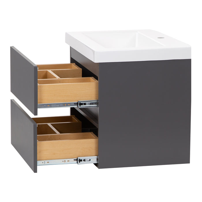 Side view, both drawers open Innes 24.5" W gray floating bathroom vanity with 2 open drawers, white sink top