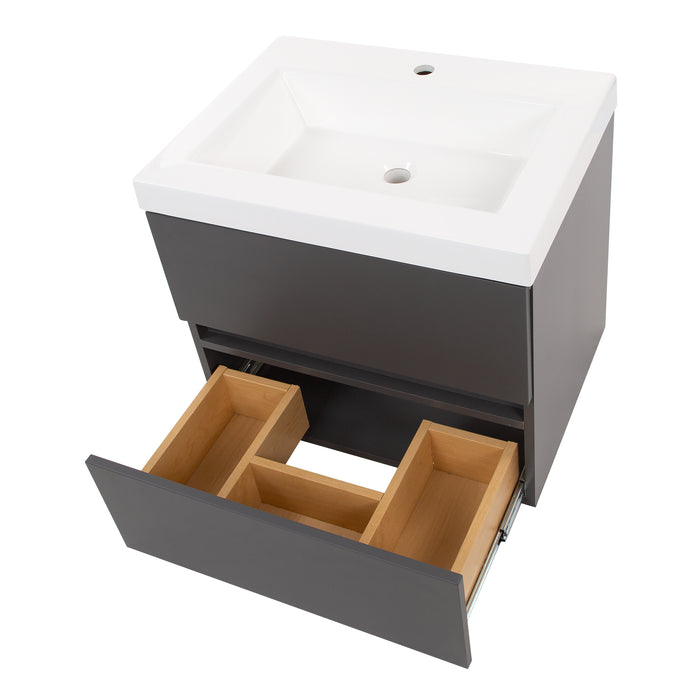 Open bottom drawer with 3 compartments, light wood interior,  on Innes 24.5" W gray floating bathroom vanity, white sink top