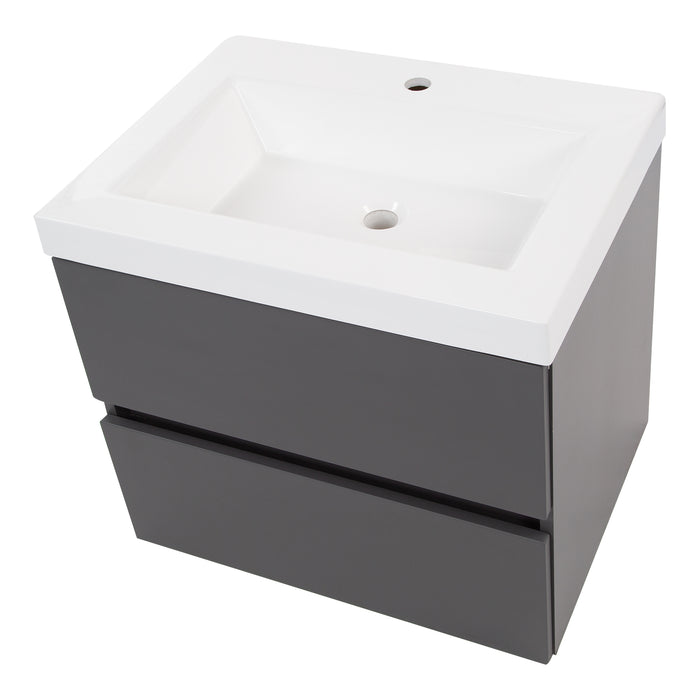 Top view of Innes 24.5" W gray floating bathroom vanity with 2 flat-panel drawers, white sink top