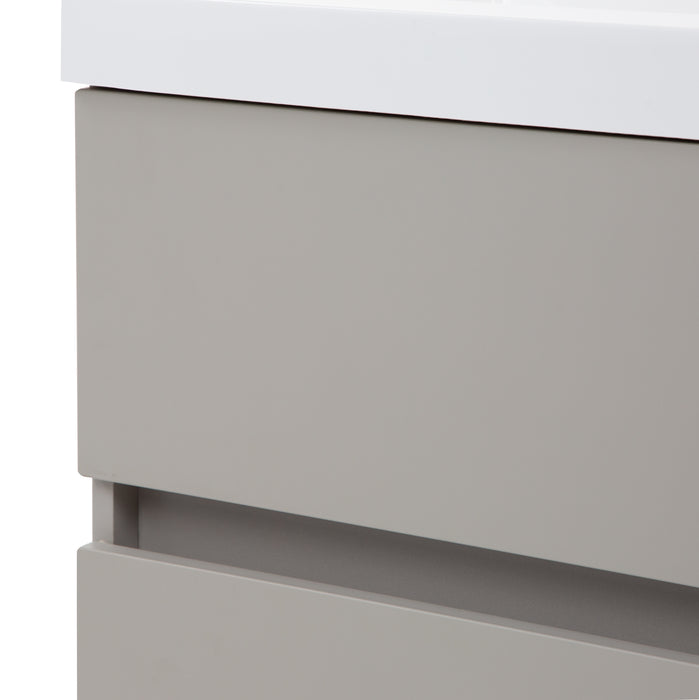 Closeup of edge of Innes 24.5" wide gray floating vanity with white sink top