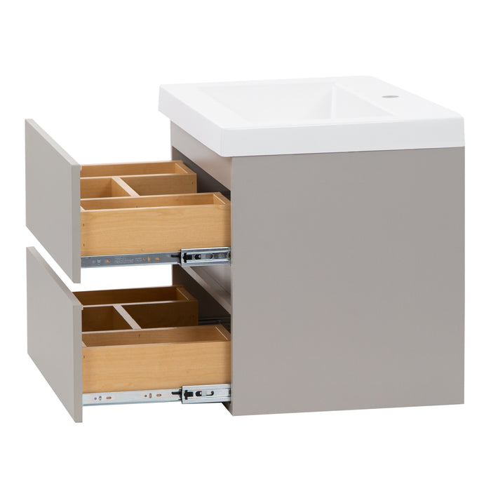 Side view, both drawers open Innes 24.5" W gray floating bathroom vanity with white sink top