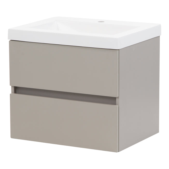 Right side of Innes 24.5" W gray floating bathroom vanity with 2 flat-panel drawers, white sink top