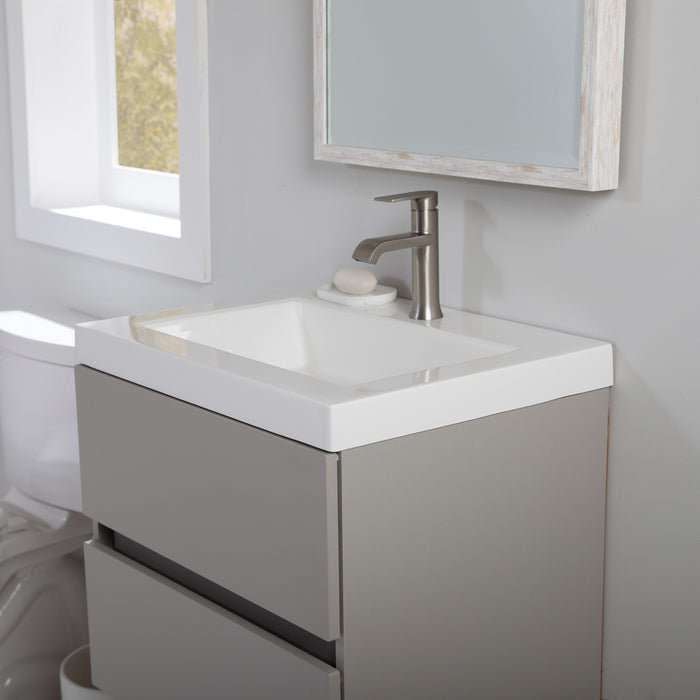 Innes 24.5" W gray floating bathroom vanity mounted on wal in bathroom with mirror and window