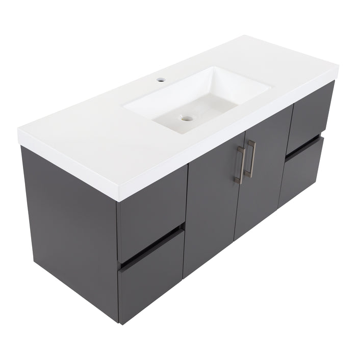 Innes 48.5" W gray floating bathroom vanity with 2 doors with satin nickel handles, 4 flat-panel drawers, white sink top
