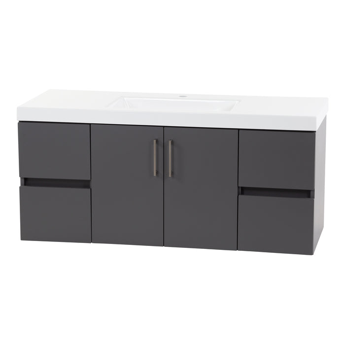 Right side Innes 48.5" W gray floating bathroom vanity with 2 doors with satin nickel handes, 4 flat-panel drawers, white sink top