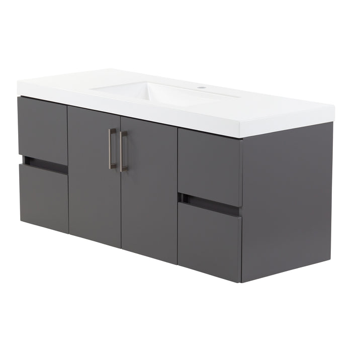 Right side of Innes 48.5" W gray floating bathroom vanity with 2 doors with satin nickel handles, 4 flat-panel drawers, white sink top