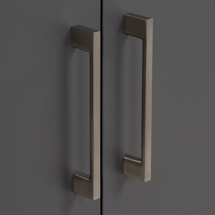 Close up of satin nickel cabinet door handles on Innes 48" wide gray floating vanity