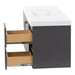 Side view, two drawers open Innes 48.5" W gray floating bathroom vanity, white sink top