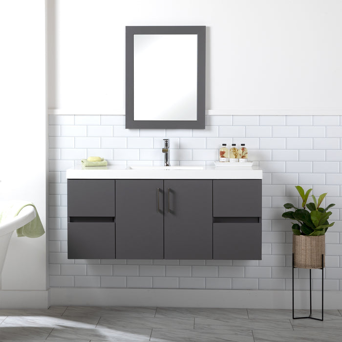 Innes 48.5" W gray floating vanity with 2 doors with handles, 4 drawers, white sink top mounted on wall with faucet