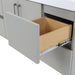 Close up of open flat-panel drawer with gray front and light wood interior on Innes 48.5" floating vanity